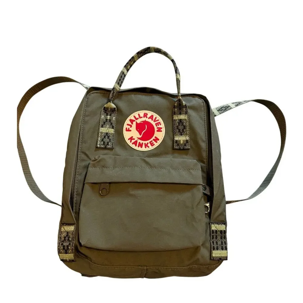 Fjallraven Kanken Mini Kanken Water Resistant Backpack Olive Green Folk Pattern
